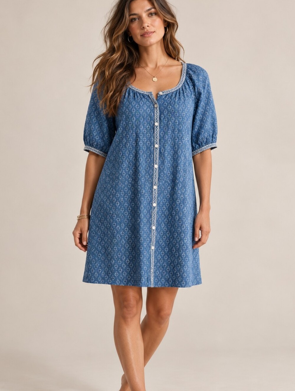 FAHERTY Carmel Linen Button Up Mini Dress Key Largo Blue Embroidered Small